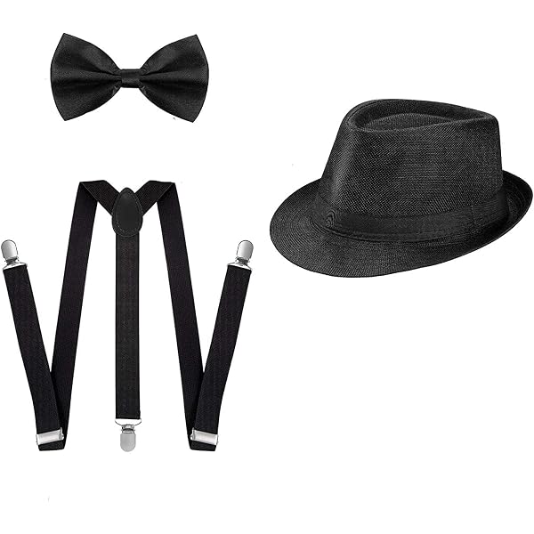 Men's Suspenders & Bow Tie Set With Fedora Hat - Black Striped Formal Accessory Kit