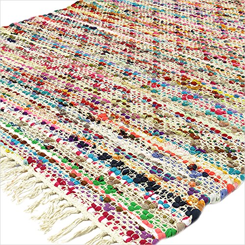 Eyes of India - 3 X 5, 4 X 6, 5 X 7 Ft. Colorido Chindi Decorativo Tejido Alfombra Blanco Alfombra Boho Bohemio Indio - Multi, 3 X 5 ft. (91 X 152 cm)