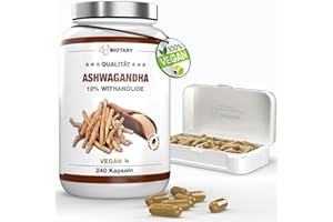 BIOTARY Ashwagandha Extrait 240 gélules, 10% withanolides, y compris pilulier, 1500mg portion journalière, 4 mois d'approvisionnement, végétalien, purement végétal sans additifs, ginseng indien