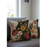 Artvibe Sonbahar Temalı &Ccedil;i&ccedil;ek Desenli Kırlent Kılıfı, 43x43 cm, 2'li Set, İtalyan Kadife ve Keten Kumaş, Sarı-Turuncu-Bordo
