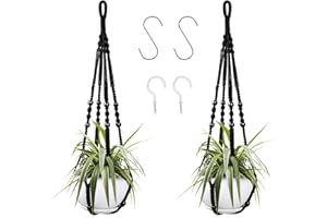 NEW-YIJUNSHUN Macrame Hanging Planter, 2 Pack Indoor/Outdoor Decor Handmade Plant Holder With 4 Hanging Hooks (Black)