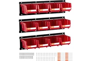 VEVOR Wall Mounted Storage Bins, 12 Plastic Bins & 3 Metal Rails, Plastic Hanging Stackable Storage Bin for Screws, Nuts, Bolts, Nails, Hardware Tool Organizer for Workshop, Craft Room, Garage, Red