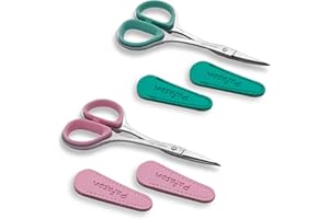 PAFASON 4" Stainless Steel Curved & Straight Embroidery Scissors Set with Premium PU Leather Cover Rubber Ring Handle Perfect for Cross Stitch Crochet Knitting Quilting Needling Thread Yarn Cutting