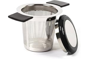 SMARTSF ReaLink Filtre à Thé Acier Inoxydable Infuseur à Thé Passoire à Thé avec Trou Fin poignée en Silicone et Couvercle pour Mug Tasse Théière Ou Les Herbes Aromatiques en Cuisine (Black)