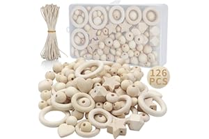 Packra Lot de 126 Perles et Anneaux en Bois pour Macramé - Kit de Bricolage Avec Trou - 110 Perles Naturelles, 15 Anneaux - Accessoires pour Macramé