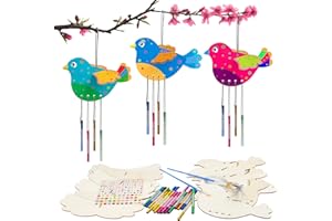 WEDNOK 6 Kits Bricolage Oiseaux 3D Carillon à Vent Artisanat en Bois à Peindre Décoration Suspendue DIY Activité Manuelle Loisirs Créatifs pour Printemps Cadeau Anniversaire Fête Party