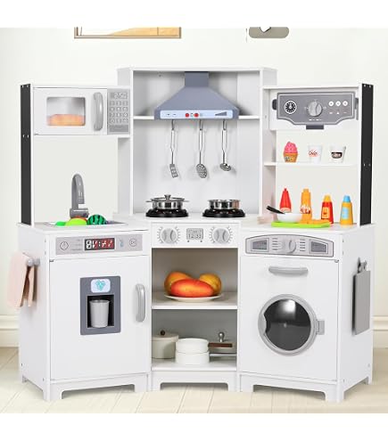 Cocina De Juguete Bayer Chic 2000 De Madera Con Microondas, Horno, Lavadora Y 4 Fogones – Color Blanco, Menta Y Gris, 96x37,5x96,5 Cm