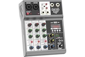 Aveek 4-Channel Audio Mixer, Mixing Sound Board with USB Bluetooth Reverb Delay Effect, 48 V Input, Phantom Power Stereo DJ Mixer for Recording, Live Streaming