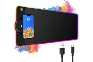 AUVSTAR Alfombrilla RGB Ratón, Alfombrillas Gaming LED con Cargador Inalambrico, Tapete Rato Compatible con Dispositivos de Carga Inalambrica Qi, Mousepad XXL 800 X 300 X 4 mm, 10W / 7,5W / 5W (Black)