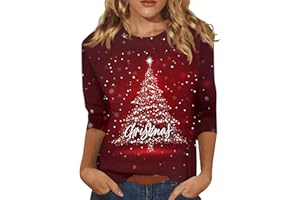 ZHENDEGL Weihnachtsshirt Damen 3/4 ÄRmel Lustig Weihnachtsbluse Glitzer Rundhals Weihnachtsbluse T Shirt Casual Oversized Festival Oberteile