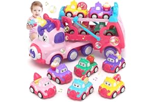 usrela Camion Macchinine 2 3 4 Anni, Bambini Giocattoli 7 in 1 con Suoni e Luci, Compleanno Regalo per Ragazze 1 2 3 Anni, Con 1 Veicoli Camion Trasporto Unicorno, 6 Veicoli Auto Unicorno