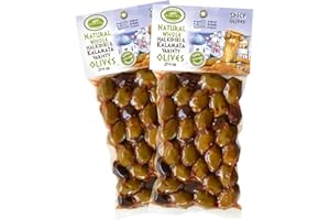 ‎KORVEL MEDITERRANEAN QUALITY PRODUCTS KORVEL Greckie oliwki – Kalamata-Chalkidiki Mix z papryką – Pikantne – 500gr (2 x 250gr) – Opakowanie próżniowe – Oliwki z pestką – Produkt grecki – Produkt naturalny – Zdrowa przekąska – Wegańskie