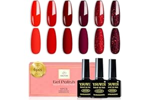 YSUVIN Vernis Semi Permanent, 6 Couleurs Romantique Valentine Série Vin Rouge Foncé Paillettes Brillant Rouge Vernis À Ongles Soak Off UV French Nail Art Salon, Noël La Saint-Valentin Cadeaux