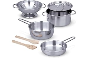 Melissa & Doug Stainless Steel Pots and Pans Pretend Play Kitchen Set for Kids (8 pcs), Silver