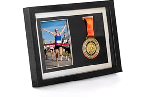 Hacaroa Medal Display Shadow Box, Single Medal and Photo Display Frame Case, Wood Marathon Medal Storage Box for Runners, All Sports Winners, Military Awards, Black