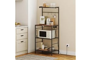 ‎MAHANCRIS MAHANCRIS Küchenregal, Standregal, Bäckerregal mit Steckdose, 6 S-Haken und 4 Ebenen, 57 x 35 x 131,7 cm, Mikrowellenständer für Küche, Esszimmer, Wohnzimmer, Vintagebraun und Schwarz ABRHR35UE01