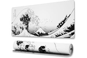 Ovenbird Extended Gaming Computer Mouse Pad, Large White Mouse Pad for Desk, Cute Anime Japanese Great Wave Desk Pad for Keyboard and Mouse, White, 31.5 x 11.8 x 0.12 inches