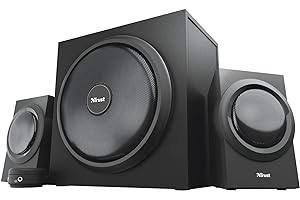 Trust Yuri 2.1 Speaker Set with Wooden Subwoofer, 120W (60W RMS), UK Plug, PC Speakers with Dynamic Bass, Wired Volume Control, Sound System for Computer, Laptop, Smartphone, Tablet - Black