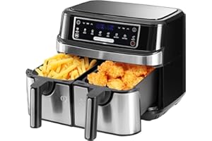 ‎EMPHSISM Emphsism Heißluftfritteuse Doppelkammer 9 Liter, XXL Heissluftfritteuse mit 2 unabhängige 4,5L Schublade, 8 automatische Programme, Air Fryer mit LED Touchscreen, Smart Finish & Match Cook Funktionen