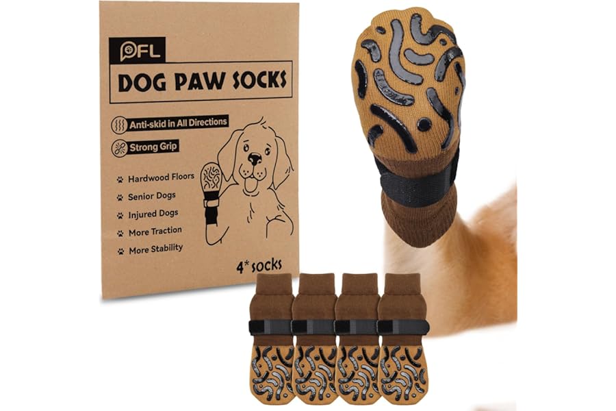 2 Pairs Anti Slip Dog Socks With Paw Protection and Grips - Strong Traction Boots With Adjustable Straps for Senior Pets on Hardwood Floors Indoor Walking (Brown, M)