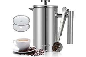 MeelioCafe Cafetera French Press pequeña, 1 litro, prensa de café de acero inoxidable, 1000 ml (6 tazas), cafetera de doble pared aislada, filtro de café, acero inoxidable