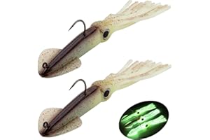 QUALYQUALY Fishing Squid Lures Kit Pre-rigged Squid Lure Glow In the Dark Squid Jig Octopus Artificial Bait Saltwater Sea Fishing Lures Sinking Lure 35g 2Pcs
