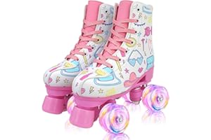 XUDREZ Pattini a rotelle Triboluminescenza Pattini a rotelle Bambini e Adulti Rosa Stampa Quad-Pattini Rotelle Luminose Regolabile Per Ragazze, Signore e Principianti