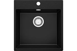PRIMAGRAN Fregadero Cocina Negro 48x50cm, Granito 1 Seno + Sifón, Sobre encimera al mueble 50cm - Riga S121