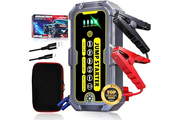 GARRTECH® Super Arrancador De Baterias De Coche 5000A Ultra RÁPIDO | Arrancador De Coches 12V para Motor 7.0L Gas o 5.5L Diésel | Arrancador De Coches Portatil con Pinzas | Linterna Led De Emergencia