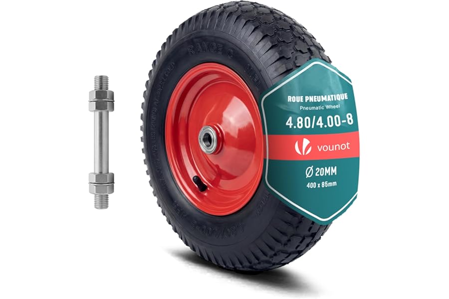 VOUNOT® Pneumatic Wheel 4.80/4.00-8 with Inner Tube, Replacement Wheelbarrow Wheel with Ball Bearings, 400x85mm, 20mm Bore, Heavy Duty Tyre for Wheelbarrow Sack Truck Garden Trolley