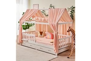 ALAVYA HOME® Hausbett Himmel Deko Set 3-TLG – 2 Stoffhimmel + Wimpelkette, GOTS Bio-Musselin Baumwolle, Traumhimmel für Kinderzimmer, Mädchen & Jungen, 125x350cm, Hellrosa