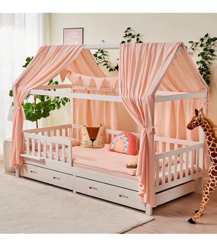 Tenda Letto Montessori Per Bambini 70x140 Cm - 100% Mussola Di Cotone, 2 Pezzi, Rosa, 62x270 Cm