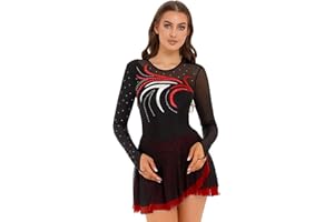 TTAO Damen Eiskunstlauf Kleid Glitzer Langarm Rollschuhkleid Ballett Trikotanzug Tanz Leotard Ballettanzug Trikot Body Eislaufen Wettkämpfe Bekleidung
