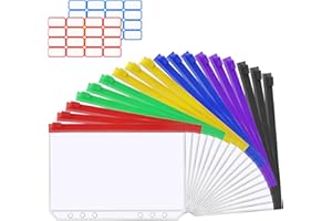Vicloon Bolsa para archivador, 18 unidades A6, formato 6 agujeros, bolsillo archivador, bolsillos cremalleras de plástico con 2 etiquetas adhesivas, bolsa para carpetas de plástico para factura