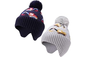 Jupsk Kids Beanie Winter Bobble Hat Thermal Warm Knitted Fleece Lined Diggers Cap with Earflap for Toddler Children Boys 3-8 Years