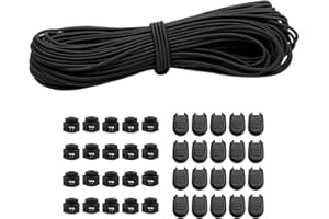 DONDEEN 30m Elastische Gummischnur 3mm Elastische Runde Schnur Elastische Dehnbare Schnur Mit 20Pcs Reißverschluss Pull Cord Lock Cord,20PCS Doppel-Loch Frühling für Rucksack,Schnürsenkel(Schwarz, 3mm*30m)
