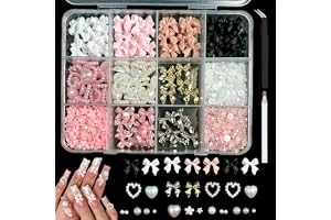 KIRZAX Nagelbandsset med 12 fack, 3D-rosett av harts + pärlor/hjärta/blomma, med vaxkrita och kristallfjäder, dekorativa nageltillbehör