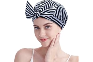 ECOMBOS Shower Cap for Women - Waterproof Reusable Shower Hair Caps Adjustable Bow Bath Caps with Elastic Band for Ladies Girls Bathing Spa(Black+White)