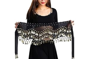 FEIONE Bauchtanz Hüfttuch Kostüm für Damen - Orientaltanz-Hüftschal mit 98 Münzen - Chiffongürtel