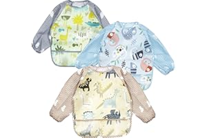 PandaEar Wasserdicht Baby Lätzchen mit Lange Ärmeln,3 Stück Abwaschbar Babylätzchen Fütterlätzchen mit ärmel für 12-48 Monate Kinder Essen Basteln Malen Kunst Handwerk Malerei (Eidechse)