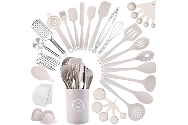 Omtofo 43 stycken köksredskapsset i silikon, köksredskap, köksbestick-set, värmebeständiga köksredskap med redskapshållare, non-stick, köksredskap, diskmaskinssäker, kaki