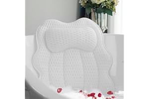 Joeyset Luxury Bathtub Pillow, 4D Air Mesh Fabric for Breathability & Quick-Drying, Extra Thick Spa Cushion for Head, Neck, Back Support, Non-Slip Tub Pillow with Strong Suction Cups (White)