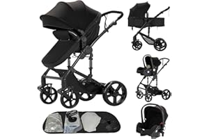 MoLi Kinderwagen 3 in 1, Kinderwagen mit Umkehrbarem Doppelschiebemodus, Buggy mit Großer Bequemer Babywanne, Kombikinderwagen 3 in 1 Rahmen Aluminiumlegierung Faltbar Hohe Landschaft (588 Black)