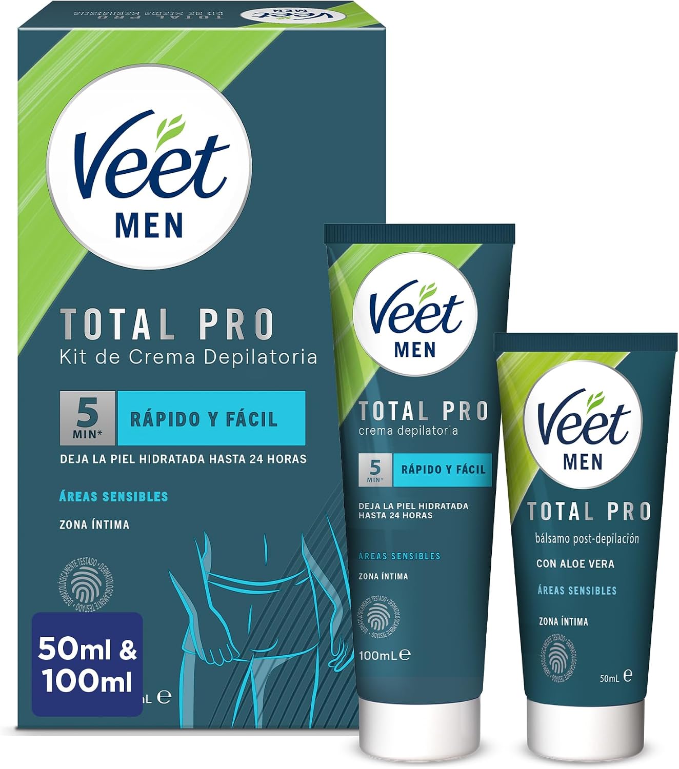 Veet Men Kit de Depilación para Zonas Íntimas del Cuerpo, Crema Depilatoria Hombre y Bálsamo Post-Depilación, Color Gris, Juego de 2 piezas