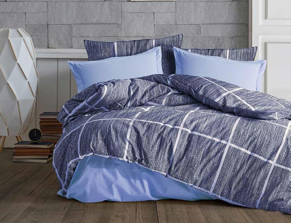 Lüks%80 Pamuklu Çift Kişilik Nevresim Takımı Seti Yorgan Kılıfı Gri Kare Beyaz Çizgi Desen 200x220 cm + Lastikli Battal Boy Çarşaf 180x200x30 cm +2 Yastık Kılıflı 50x70 cm