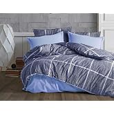 L&uuml;ks%80 Pamuklu &Ccedil;ift Kişilik Nevresim Takımı Seti Yorgan Kılıfı Mavi Lacivert Kare Beyaz &Ccedil;izgi Desen 200x220 cm + Lastikli Ba