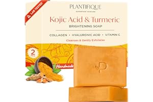 PLANTIFIQUE Jabón de Curcuma y Acido Kojico, 2 Barras con Vitamina C, Ácido Hialurónico y Colágeno - Jabon Cara para las Manchas - Turmeric & Kojic Acid Soap, 160g
