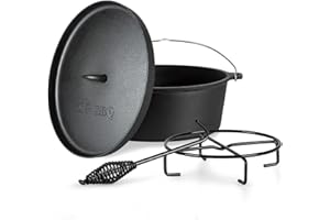 TOCIS BIG BBQ ToCi 10.7L Four Néerlandais, Cocotte en Fonte Pré-assaisonné avec Couvercle, Faitout pour l'Exterieur, Marmite Résistante au Four, Chaudron Magique en Fonte de Camping et Barbecue, Lève-couvercle