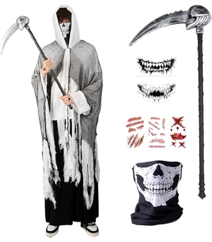 Costume Faucheuse Halloween Adulte – Cape, Masque Tête De Mort, Faux Sang | Taille Unique Homme/femme, Cosplay Effrayant