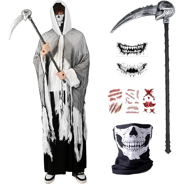 Déguisement Faucheuse Adulte Halloween - Cape Noire Capuche, Masque Crâne, Gants Fluorescents, Faux
